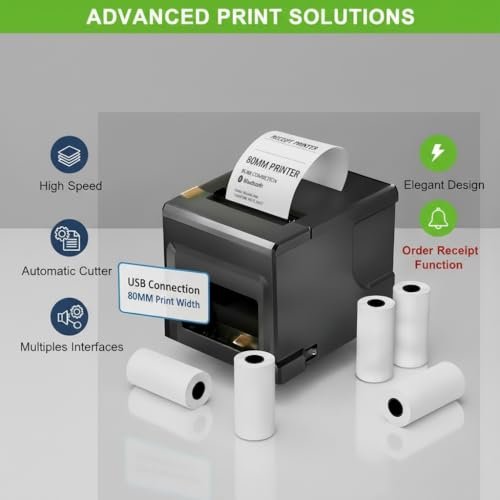 Fuhuihe 80mm POS Quittungsdrucker mit Auto-Cutter, 300mm/s USB Thermo Bondrucker, für Restaurant & Küche mit Lautsprecher-Signal, ESC/POS kompatibel (Windows/Mac/Linux)