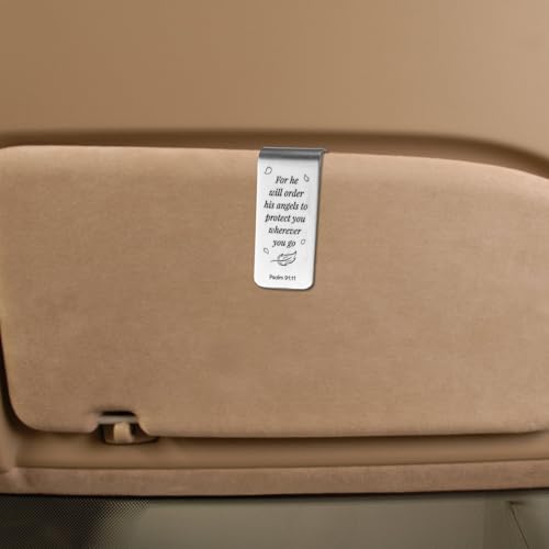 Image of Penitue Engraved Stainless Steel Car Visor Clip, He Will Order His Angels to Protect You Guardian Funny Visor Picture Clip for Safe Travel Religious New Drivers Gift Photo Accessories Men Women