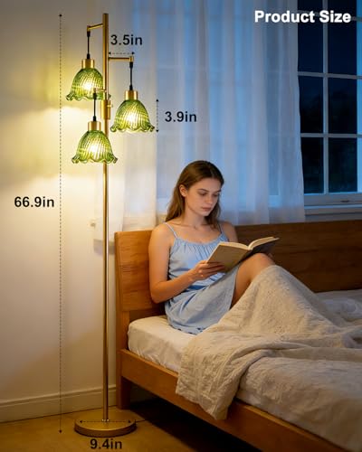 Image of Lightdot Glass Floor Lamps for Living Room, 3-Light Dimmable Floor Lamp with Green Glass Shade& E12 Bulbs Included, Mid Century Standing Tall Lamp with 5Lbs Heavy Base for Bedroom /Sofa Beside-Gold