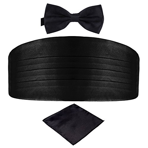 Men's Satin Belt Cummerbund Bow Tie Pocket Square Handkerchief Hanky Set Tuxedo Party (Black)