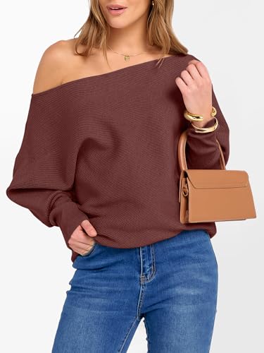 Image of ANRABESS Womens Off Shoulder Sweaters 2026 Fall Long Batwing Sleeve Loose Fit Knit Tops Casual Pullovers Jumpers