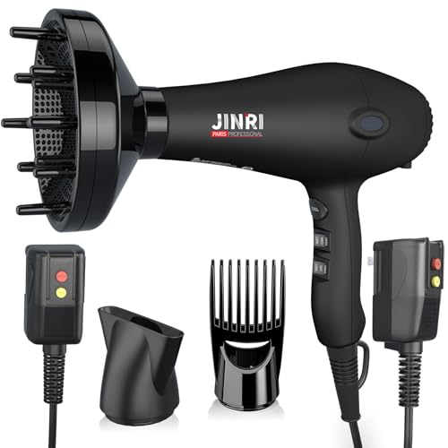 Blow Dryer - JINRI 1875W Diffuser Hair Dryer for Salon & Personal Use Powerful, Fast Drying with Diffuser and Comb & Nozzle for Women & Men, ALCI Safety Plug, Black - image 1
