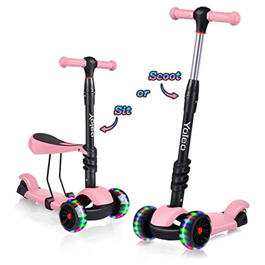 YOLEO Patinete para Niños 3-en-1, Scooter 3 Ruedas LED Parpadeantes, Scooter para Niños con Manillar Ajustable Asiento Extraíble de 2 a 8 años, Carga Máxima de 50 kg (Rosa)