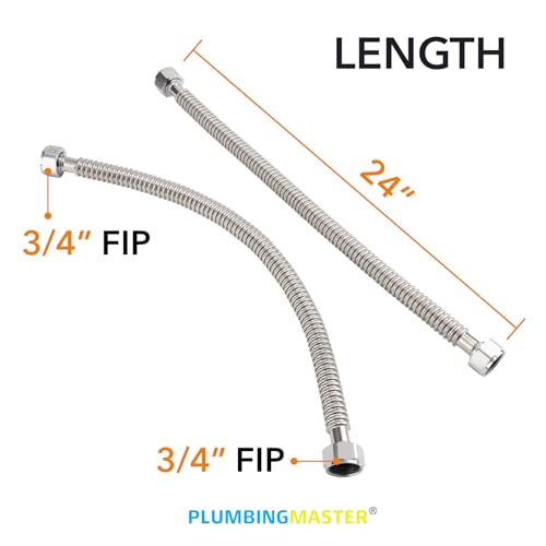 PLUMBINGMASTER Stainless Steel Corrugated Water Heater Connector, 24-Inch, 3/4\" FIP* 3/4\" FIP hot and cold Corrugated Water flexible hose, Leak-Proof, 10-Year Warranty, 2-pack