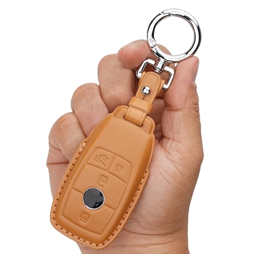 Coque clé Mercedes 4 boutons anti-choc en cuir marron avec porte-clés robuste