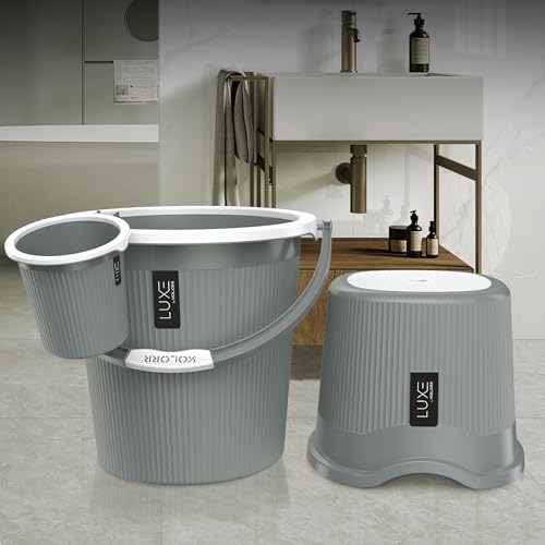Image of KOLORR Luxe Bathroom Set (Bucket 25L x 2) + (Mug 1.5L x 2) + (Luxe Patla x 1)|Sturdy and Durable |Lightweight| Easy to Clean and Attractive Design|Pack of 5| PNT Grey 431C
