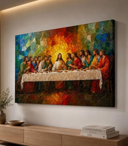 Image of Jesus Christ The Last Supper Painting with Frame Big Size | Christian Last Supper Canvas Wall Art Painting For Living Room, Drawing Room, Hallway, Home and Office Decor (26x18 Inch, Framed - SMALL)