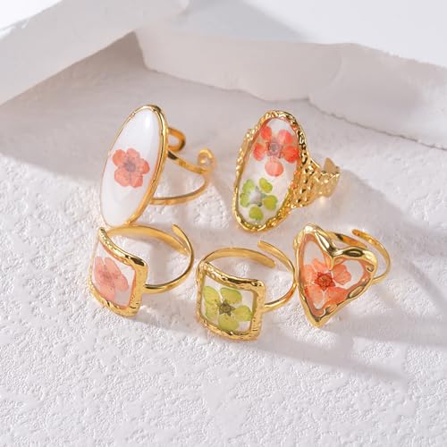 Handmade Dried Flower Statement Ring for Women Gold Plated Stainless Steel Adjustable Pressed Blossom Forget-Me-Not Flowers Open Band Rings Wedding Holiday Jewelry Gift4