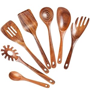 Kitchen Utensils Set – Wooden Spoons for Cooking, Natural Teak Wooden Utensils – Includes Wooden Spoons, Spatula Set, Slotted Spoon – Handmade Wooden Spoon Set