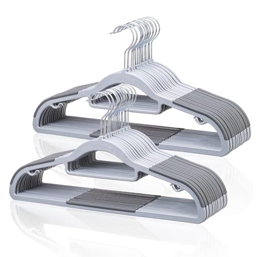 Tonswachic Pack of 30 Coat Hangers, Space-Saving Plastic Clothes Hangers, Non-Slip, 0.2 Inches Slim, 360° Swivel Silver Hook for Shirts, Pants, Suit & Wet/Dry Garments, Light and Dark Gray