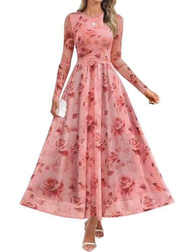 ZESICA Women's Maxi Dress 2025 Fall Long Sleeve Crewneck Floral Print Mesh Ruched Party Wedding Guest Dresses