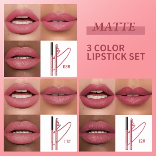 Image of 12 Colors Matte Lip Liner Pencil - Long Lasting Waterproof Lip Liner, Smudge Proof Transfer Proof Lip Pencil, High Pigment Lip Makeup for Defining & Filling Lips (A2-set:03+11+12, 3PCS)