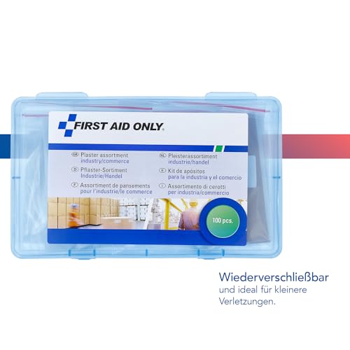 First Aid Only Pflasterset Industrie/Handel (100 Stück) | 100 Pflaster in verschiedenen Größen und Formen in wiederverschließbarer Pflasterbox | P-10023