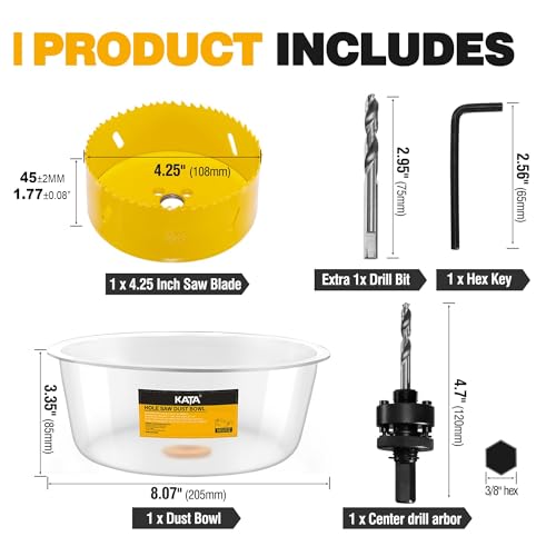 Image of KATA 4-1 /4 Inch Hole Saw with Silicone Dust Bowl for Recessed Lighting | 4.25 inch Hole Saw with Clear Smooth Bowl Helps Catch Drywall Dust for Smaller Ceiling, Can Light, Vent and Wood Repair Cutouts