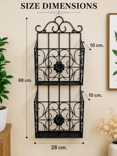 Image of Wall Mounted Hanging File & Magazine Holder - Metal Organizer for Newspapers, Documents & Office Storage | Decorative Rack for Home & Workspace 67x26x10 cm. (Double Magazine Rack Black)