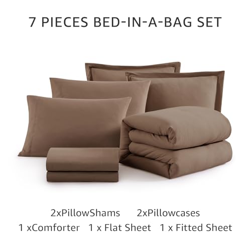 Image of Queen Comforter Set-7 Pieces Soft Prewashed Bed in a Bag Queen Bedding Sets | All Season Comforter with Sheets, Pillow Shams & Pillowcases, Brown