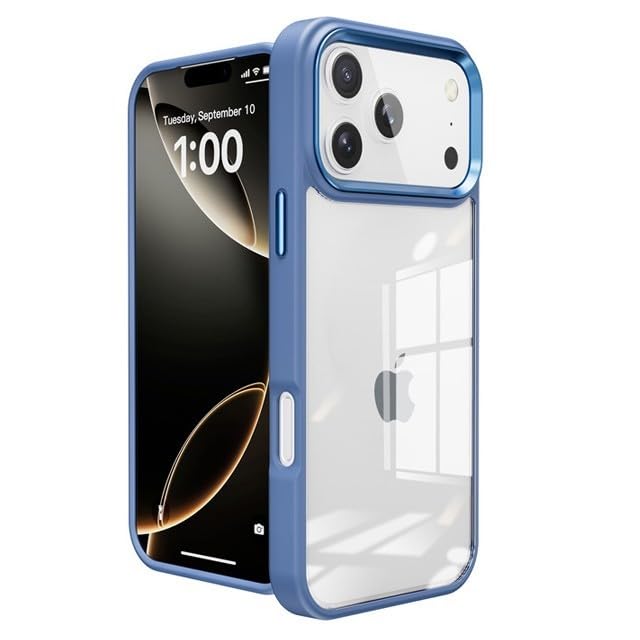 Coque iPhone 17 Pro Max bleue rigide transparente en silicone protection