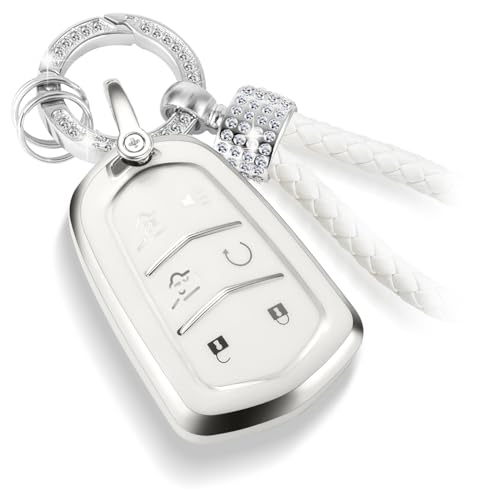 Image of for Cadillac Key Fob Cover with Luxury Diamond Bling Braided Rope Keychain, Upgraded Soft Key Case for 2015-2019 Escalade CTS SRX XT5 ATS STS CT6 (6 Buttons) (Silver,A2)