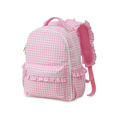 DYSHAYEN Kids Backpack for Girls 15 Ruffled Backpack for School Kindergarten Bookbag 5-8 Fully Opened Compartment (Pink Gingham)