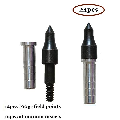 Jjzs 12 Pack Steel Archery Field Points 100 Grain With 12 Pack Aluminum Arrow Inserts, Target Practice Arrow Points And Inserts For 5/16 Inch Carbon Arrows #TOP7