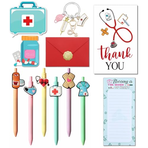 Grunlienus Nurse Gifts, 11Pcs Nurse Accessories for Work, Nursing Student RN Medical Appreciation Gift, Includes Ballpoint Pens, Sticky Notes, Greeting Card, Sticky Notepad, Key Chain
