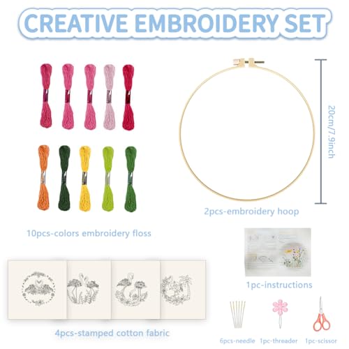 Image of FREEBLOSS 4 Set 8'' Roses Embroidery Kit Flamingo Stamped Pattern Hand Embroidery Kit Embroidery Starter Kit with Detained Instructions Cross Stitch Kit Includes Embroidery Hoops, Color Threads