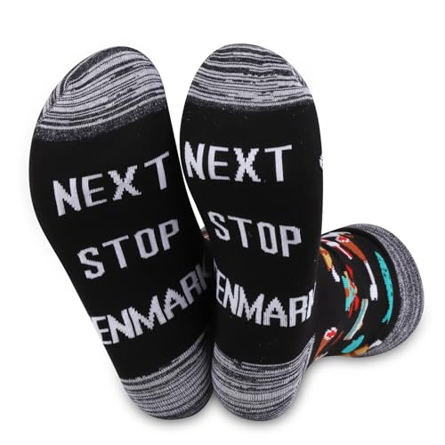 JXGZSO Dänemark Reisegeschenk Next Stop Dänemark Socken Reisengeschenk Dänemark Souvenir Socken dänisches Wahrzeichen Reise Geschenk, Next Stop Dänemark, M-L Tall