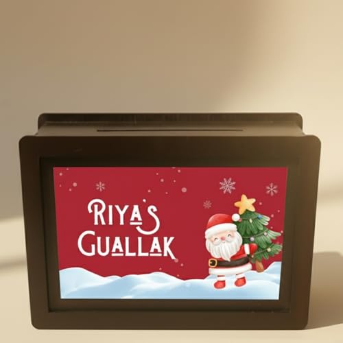 Image of Personalised Christmas Theme Wooden Piggy Bank | Custom Name MDF Gullak Money Saving Box 9x5.5 Inch | Secret Santa Gift for Kids, Brother, Sister, Son, Daughter