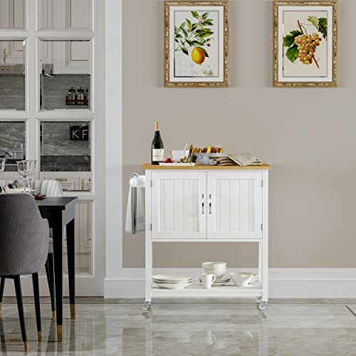 Spirich Kitchen Island on Wheels, Rolling Kitchen Cart with Storage Cabinet, Small Kitchen Island with Drop Leaf and Towel Rack for Dining Room, White