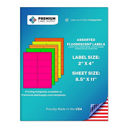 Premium Label Supply Bright Neon Color Fluorescent Stickers - 2" X 4" Labels - (Assorted Fluorescent, 250 Labels) #TOP17