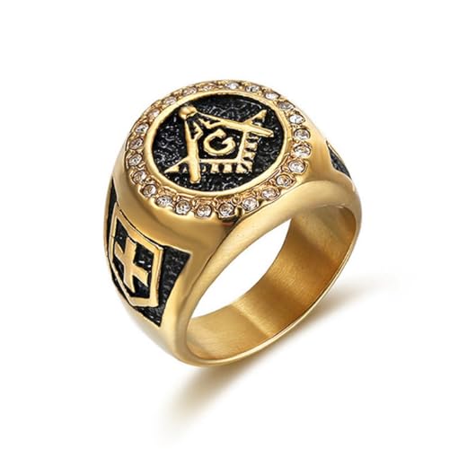 MayiaHey Bague Franc-Maçon Scintillante, Boussole, Croix Bouclier, Or, Homme