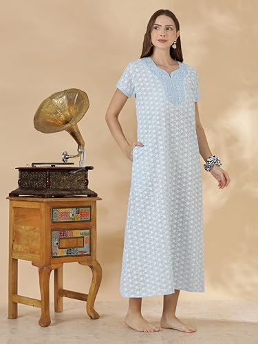 Image of 9shines Label Stylish Chikankari Cotton Nighty Maxi for Women | Full Length Nightgown | Nightdress with Pocket | Embroidery Nighty | Soft Comfortable Cotton Nightwear (1545)