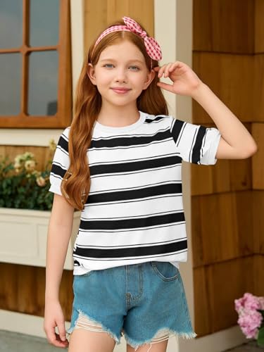 Image of Haloumoning Girls Striped Short Sleeve T Shirts Kids Summer Casual Tops Crewneck Tees Blouses 5-14Y