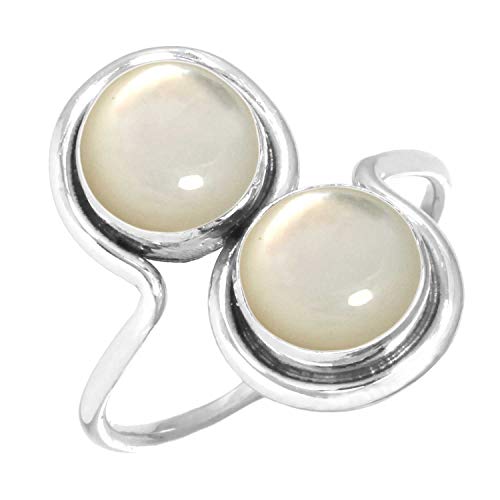 Jeweloporium Bague en argent sterling 925 avec nacre blanche, taille 68,5, pour femme, bijou artisanal en véritable pierre précieuse ronde.