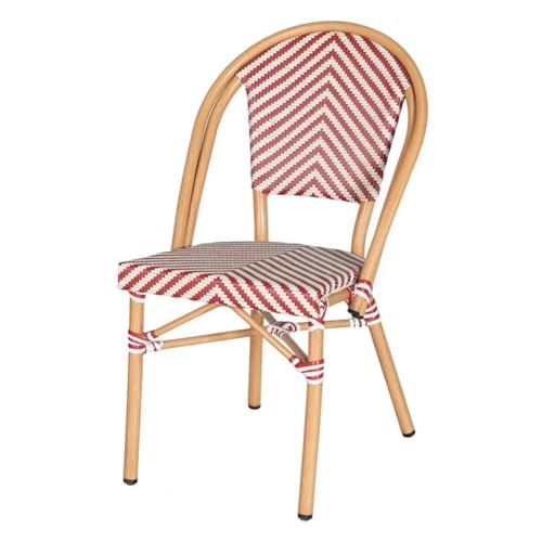 EME Silla París Color Rojo Estilo Parisino. Silla Tipo bistró Ideal para Usar en Interior como en Exterior. Estructura de Aluminio y Asiento de textilene Trenzado en Color Beige y Rojo. Apilable.