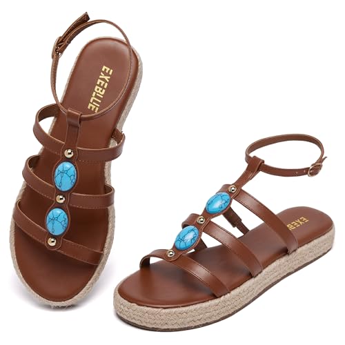 Image of Women's Bohemian Espadrille Platform Sandals,Open Toe Wedge Sandals with Turquoise Decor, Adjustable Ankle Buckle, Summer Beach Shoes