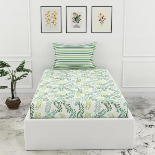 Image of LORETO - A QUALITY LINEN BRAND 144 TC 100% Pure Cotton Single Fitted Bedsheet with 1 Pillow Cover for 72 x 36 Inch Mattress, All-Around Elastic, 8 Inch Deep Pocket, Green Leafy Haven
