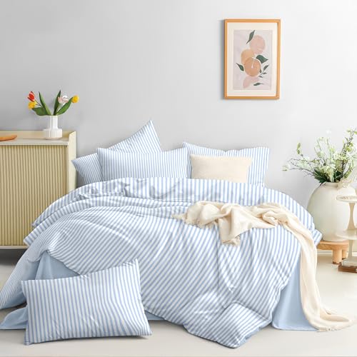 Image of Nayoroom Blue Striped Duvet Cover Full Size White Stripe Duvet Cover Dorm Bedding Set 3 Pieces Soft Lightweight Washed Microfiber Farmhouse Bedding Set Gifts for Women Men