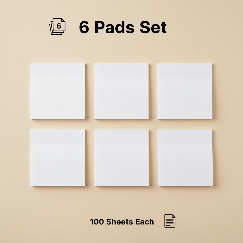 White Sticky Notes 6 Pads 3 X 3 Inch 100 Sheets/Pad Self-Stick Notes Pads 600 Sheets Total