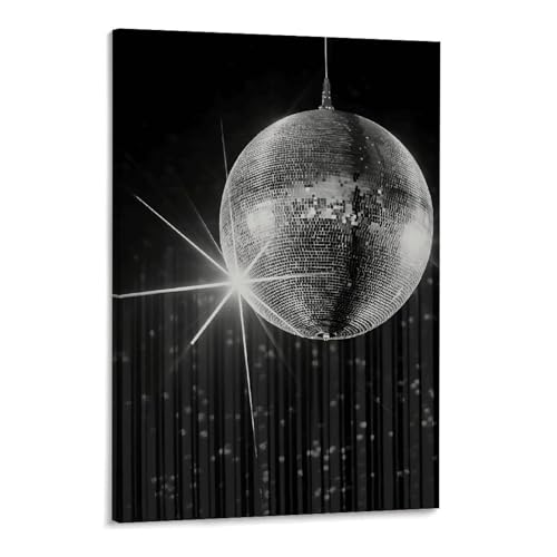Black And White Disco Ball Poster Funky Retro Disco Posters Vintage Disco Ball Painting Trendy Party Wall Art for Modern Bar Dorm Bedroom Decor Frame-style 12x18inch(30x45cm)