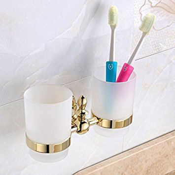 Leyden Wall Mount Bathroom Golden Ti-PVD Finish Brass Material Double Tumbler Toothbrush Holder