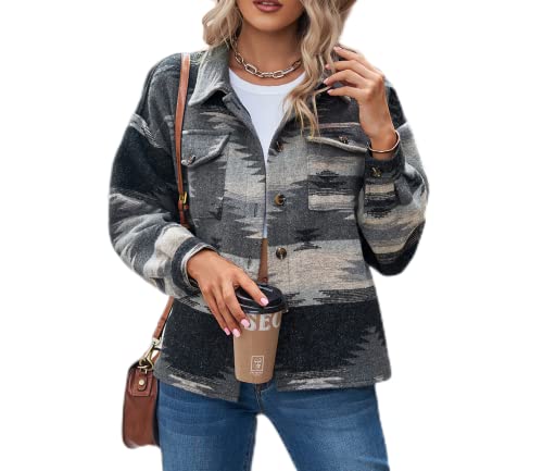 Womens Aztec Shacket Jacket Long Sleeve Flannel Lapel Button Down Shirts Shacket Jacket Coats Country Western Coats