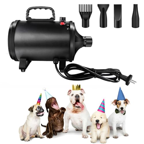 2800W Sèche-Cheveux pour Chien, Pulseur Chien silencieu, 2 vitesse: 50m/s et 100m/s, 2 Température: 35°c et 65°c, Souffleur pour Chien avec 4 Buses e Tuyau élastique