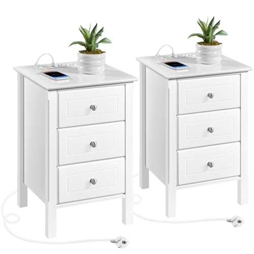 Yaheetech 2pcs Mesitas de Noche con Estación de Carga y 3 Cajones 40x40x60 cm Mesillas de Noche Vintage Cable 2M para Dormitorio Mesita de Madera MDF
