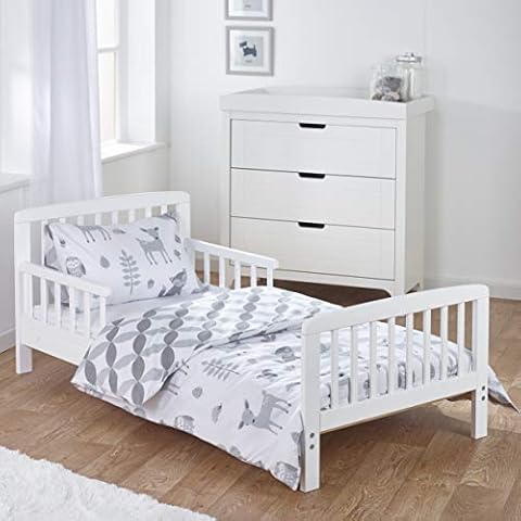 ELEGANT BABY Kinder Valley Complete 7 Piece Kids White Toddler Bed Bundle with Kinder Flow Mattress and Woodland Tales Reversible Bedding Set | Junior Bed and Children's Bed Cover