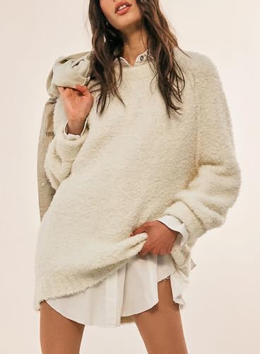 Image of Beaully Women's Oversized Crewneck Sweaters | Oversized style, Tunic sweater, Fuzzy knit, Soft knit, Loose fit, Drop shoulder