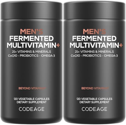 Codeage Men’s Daily Multivitamin, 25+ Vitamins & Minerals, Fermented, Organic Whole Foods, Probiotics Supplement - Vitamin A, Vitamin B, Vitamins C, D, E & K, Omega 3, Zinc - Vegan - 2 Pack