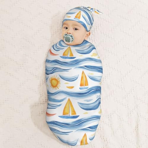 Image of Waves and Sail Boats Newborn Swaddle Blankets Hat Sets Soft Baby Receiving Blanket Swaddle Sack for Baby Shower Infant Boy Girl Gift