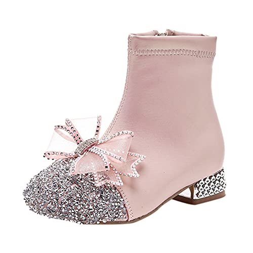 Kids Bowknot Sequin Sparkly Ankle Boots for Girls Low Heel Dress Booties 2024 Fashion Side Zipper Glitter Shoes