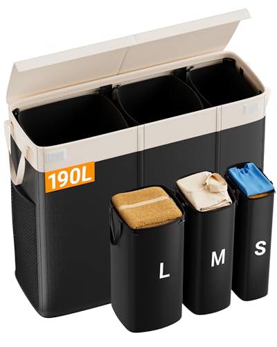 190L Laundry Hamper with Lid, Large Laundry Basket with Lid and 3 Section, Sturdy Laundry Baskets with 3 Removable Bags (L M S), Dirty Clothes Hamper Organizer for Laundry Room, Bedroom and Dorm Room